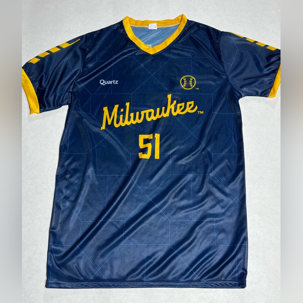 Freddy Peralta stadium giveaway Milwaukee Brewers soccer jersey size medium.